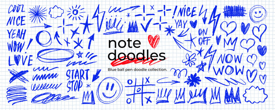 Blue pen scratch doodle and short phrases collection for hand drawn notes, journaling and graphic design. Thin blue marker doodles and scribbles, hand drawn stickers, emphasis vector elements.