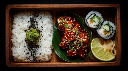 Asian Fusion Bento Box with Chicken and Sushi