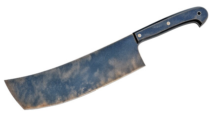 Wide blade carbon steel knife with riveted handle on white background