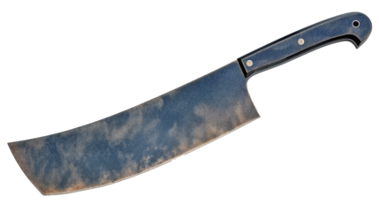 Wide blade carbon steel knife with riveted handle on white background