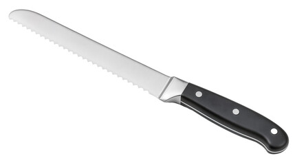 Long serrated bread knife with black handle on white background