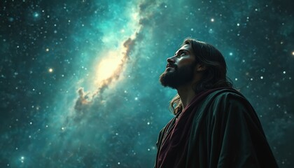 Fototapeta premium Jesus looks up into cosmic nebula and starry sky. Divine figure in dark robe gazes at celestial galaxy with awe. Spiritual journey through universe, exploring creation and divine light.