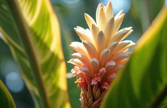 Close view of shell ginger plant bloom with delicate petals. Green striped leaves frame the pastel pink and yellow tropical flower head. Soft light highlights detail of exotic flora.