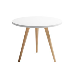 A matte white circular scandinavian side table supported by three tapered wooden legs, isolated on an infinite white background with soft shadows, conveying functionalist design purity