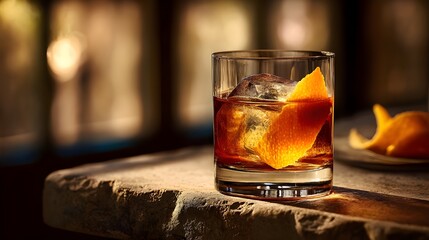 Classic Old Fashioned Cocktail with Large Ice Cube and Orange Peel on Stone Table, Warm Moody Lighting, Luxury Bar Drink Photography