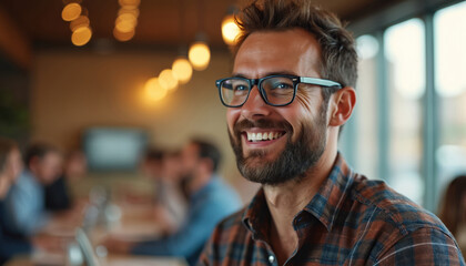 Fototapeta premium Man with glasses smiles warmly at camera. Team collaborates in background office setting. Focused pro in plaid shirt, business meeting atmosphere.