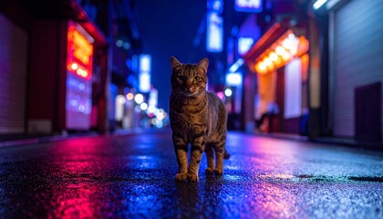 _夜の東京の路地裏。ネオンがにじむアスファルトの上を、一匹の猫が静かに歩いている。自販機の光、古い看板、電線。都会の喧騒の中にある孤独と自由