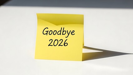 A yellow sticky note with 'Goodbye 2026' written on it sits on a white surface.