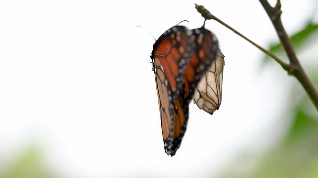 A vibrant monarch or swallowtail butterfly gracefully emerges from a chrysalis in a time-lapse video, revealing intricate wings against a pristine, bright, soft bokeh background. Concept of