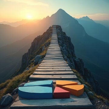 Path made of steps ascends mountain peak above clouds. Colorful pie chart sections rest on wooden planks. Sun sets behind distant summits, creating atmospheric sky.