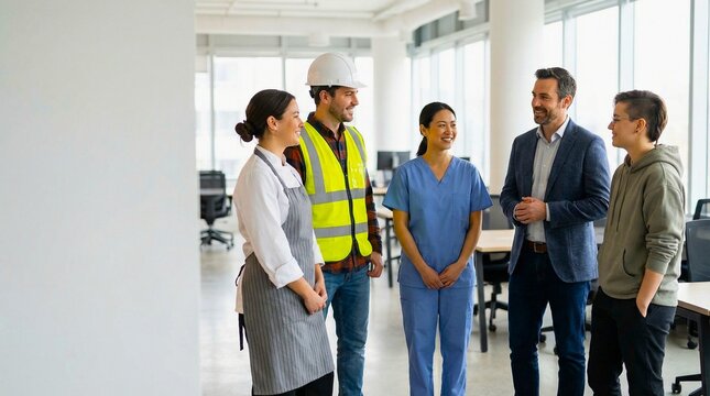 photo of diverse professionals from different industries standing casually indoors