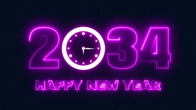 Neon Happy New Year 2034 Glowing Purple Clock Numbers Celebration