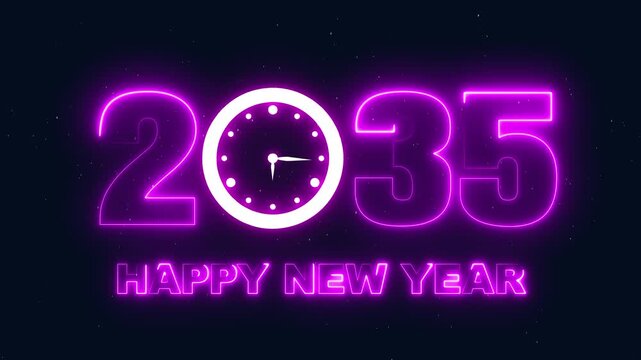 Happy New Year 2035 neon sign with clock striking midnight