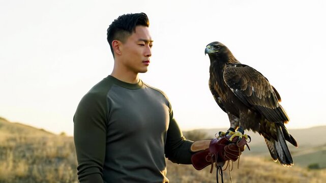 Poised androgynous professional in sophisticated business-casual attire stands on a rolling hill with a majestic golden eagle on their gauntlet, bathed in exquisite golden hour light. Concept of
