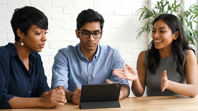 Diverse young professionals in smart-casual attire focus on a tablet at a light wood table in a bright indoor space with brick wall and plants, a cinematic video with shallow depth of field and
