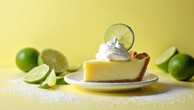 Slice of key lime pie topped with whipped cream and a lime wedge. Fresh limes and pie crust crumbs surround the dessert on a bright yellow background. This sweet and tart treat is perfect for summer.