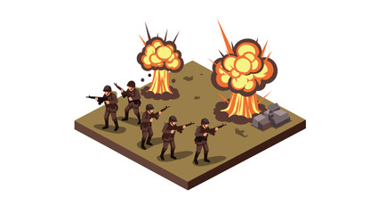 Naklejka premium Isometric battlefield scene with soldiers and explosions in action