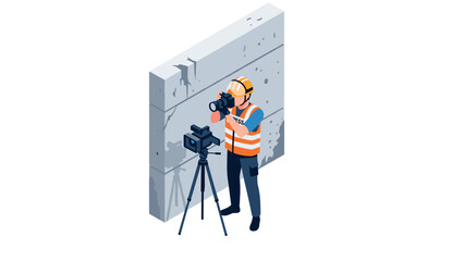 Isometric journalist capturing footage by concrete wall with camera equipment