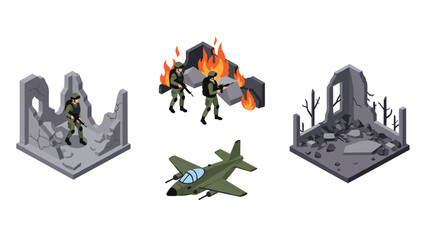 Naklejka premium Isometric military action scene with soldiers and ruined buildings