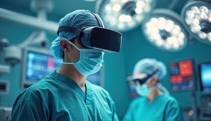 Surgeon wearing VR headset in operating room. Medical staff uses futuristic tech for enhanced surgery and precise visualization. Advanced healthcare innovation, modern operating theatre.