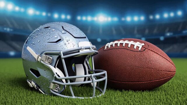 Close up of a wet american football helmet and a classic leather ball resting on the green grass of a professional stadium field at night, with bright lights shining in the background