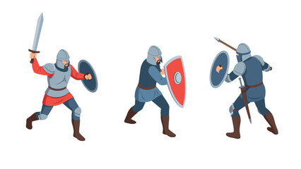 Naklejka premium Medieval knights in battle poses: isometric warriors with swords and shields