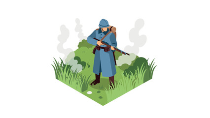 Naklejka premium Wwi soldier in uniform with rifle in isometric landscape art