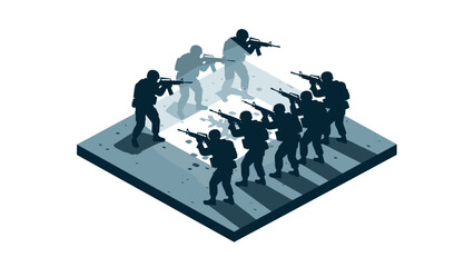 Naklejka premium Isometric silhouette of armed soldiers in tactical formation