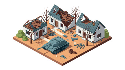 Naklejka premium Isometric war-torn neighborhood with damaged buildings and tank