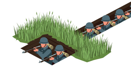 Naklejka premium Isometric soldiers in trenches amidst tall grass during historical battle scene