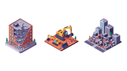 Isometric construction and demolition: building and excavator scenes