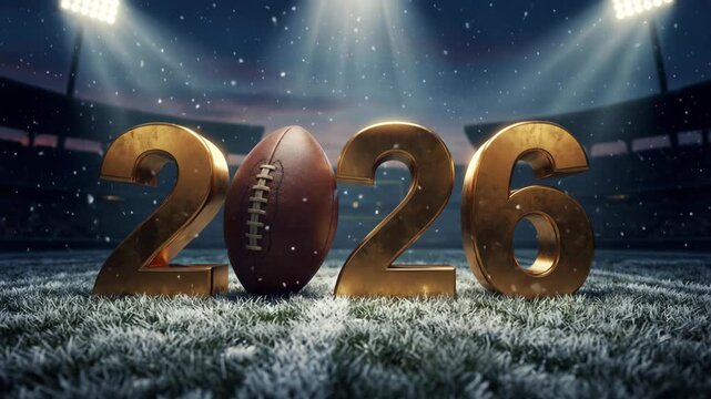 Golden year 2026 with a football instead of a zero standing on a snow covered field inside a stadium at night, celebrating the upcoming season and sporting events