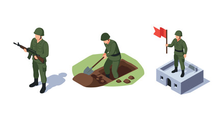 Naklejka premium Isometric soldiers in action: patrol, digging, flag raising on monument