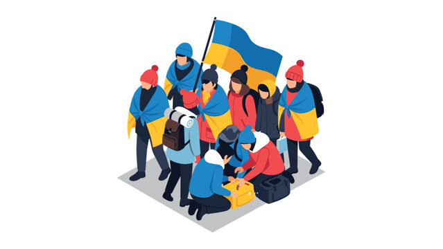 Isometric group with ukraine flag in winter attire highlighting unity and support - Powered by Adobe