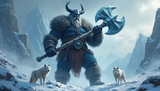 Giant blue frost barbarian holds huge axe in snowy mountains. Fierce wolf walks beside mighty frost giant. Cold winter landscape with icy peaks and snow. Epic fantasy scene with warrior monster.