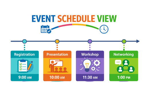 Event schedule overview: registration, presentation, workshop, networking times - Powered by Adobe