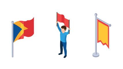 Isometric flags and man holding red banner on white background