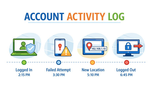Account activity log: login, security alerts, ip changes, logout timing