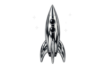 Silver rocket standing with shiny metallic finish and porthole windows, exploring futurism and space travel concept