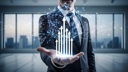 A businessman holding a digital graph in his hand