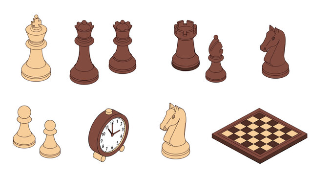 Isometric chess pieces and board set with clock for strategic gameplay