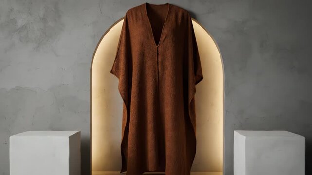 A textured brown kaftan hangs elegantly in a modern display. This garment embodies minimalist style and natural comfort.