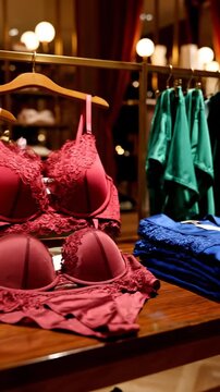 Selection of colorful bras and underwear displayed on a table in a retail store