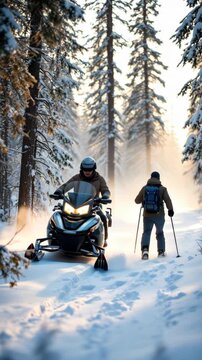 Winter adventure: snowshoeing and snowmobiling in a beautiful forest setting