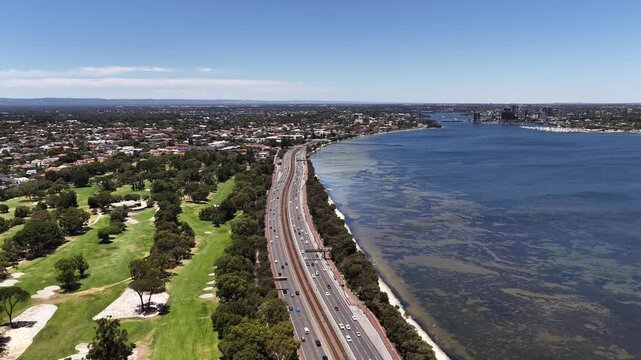 Kwinana Freeway, South Perth, Perth City, Western Australia, Australia &ndash; 4K Aerial Drone Footage of Riverside Highway, Residential Houses and Estates, City Parks