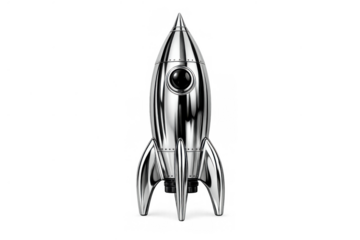 Chrome rocket accelerating startup success, launching new business ideas and exploration, transparent background