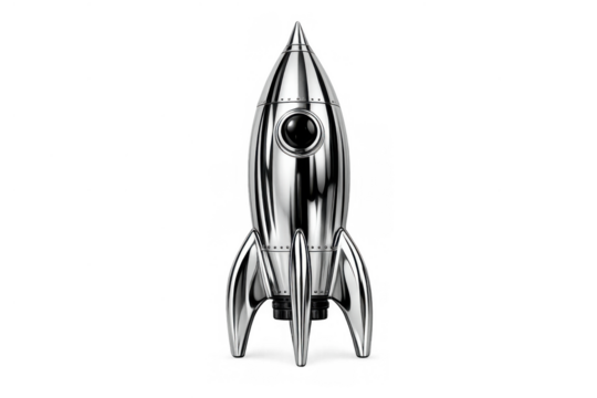 Chrome rocket accelerating startup success, launching new business ideas and exploration, transparent background - Powered by Adobe