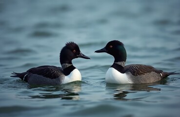 Fototapeta premium Two common goldeneye ducks swim together on calm water. Male duck shows crested head, white neck ring. Female bird has green iridescence on its head.