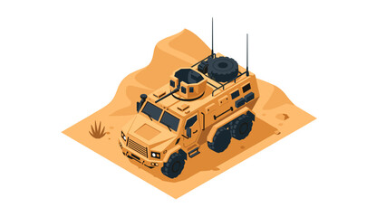Fototapeta premium Isometric military truck on desert terrain with antennas and spare tire