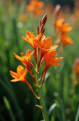 Obraz premium Orange crocosmia flowers bloom in a garden on a sunny summer day. The delicate petals have water droplets on them. Green leaves form a soft background.